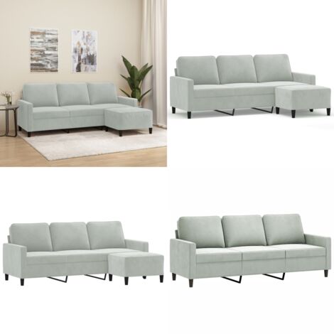 Sofá de 3 plazas con taburete de terciopelo gris claro 180 cm - Sofá con taburete - Sofá de terciopelo