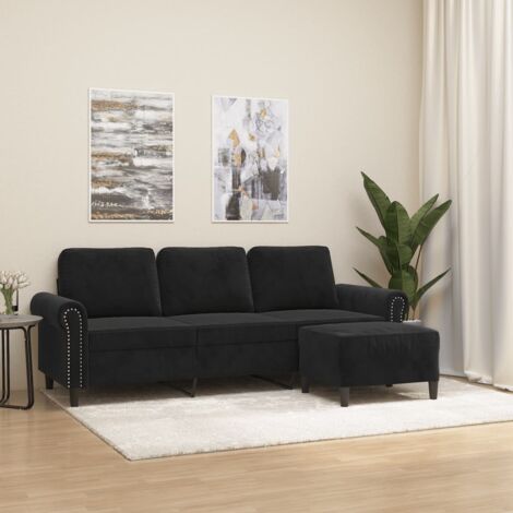 Sofá de 3 plazas con taburete de terciopelo negro 180 cm