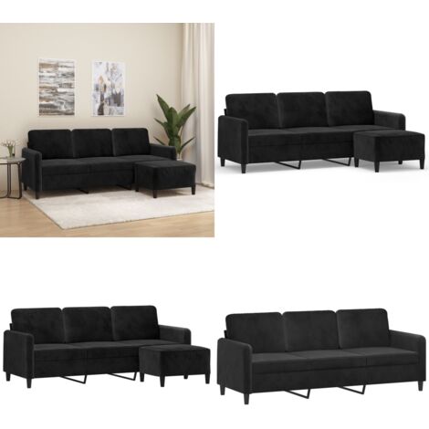 Sofá de 3 plazas con taburete de terciopelo negro 180 cm - Sofá con taburete - Sofá negro