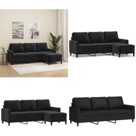 Sofá de 3 plazas con taburete de terciopelo negro 180 cm - Sofá con taburete - Sofá negro