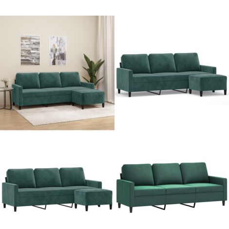 Sofá de 3 plazas con taburete de terciopelo verde oscuro 180 cm - Sofá con taburete - Sofá verde oscuro