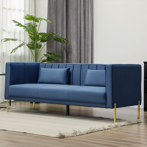 Sofá de 3 Plazas con Tapizado Aterciopelado Estructura Reforzada y Patas Doradas para Salón 194,5x76x76 cm Azul Marino