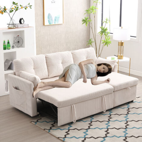 Sofá de 3 plazas convertible multifunción con almacenamiento y chaiselongue intercambiable pana beige (Sin colchón)