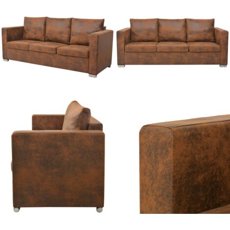 Sofá de 3 plazas de cuero artificial de ante 191x73x82 cm - Sofá de cuero artificial - Sofá de madera