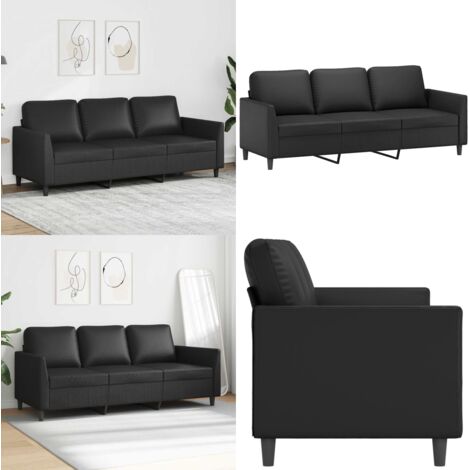 Sofá de 3 plazas de cuero sintético negro 180 cm - Sofá de cuero sintético - Sofá negro