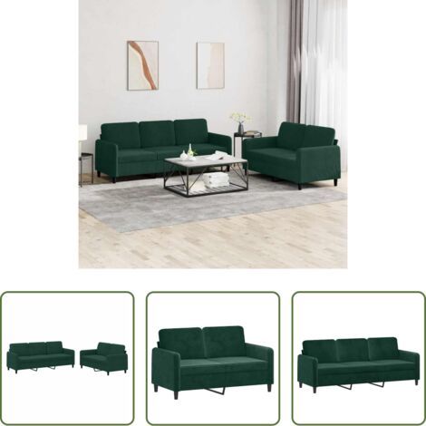 Sofá de 3 plazas -  Juego de sofás 2 piezas terciopelo verde oscuro