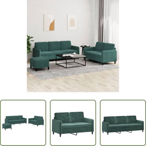 Sofá de 3 plazas -  Juego de sofás 3 piezas terciopelo verde oscuro