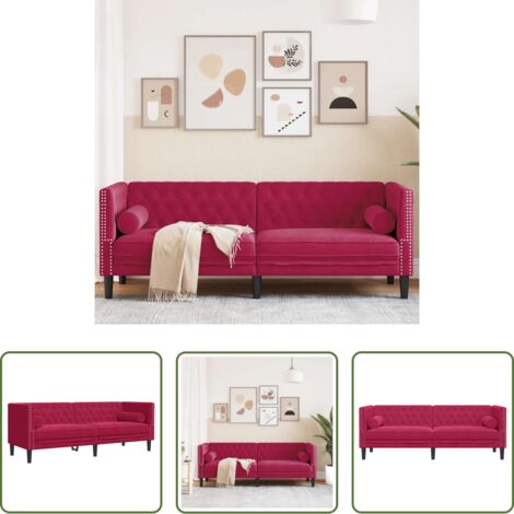 Sofá de 3 plazas -  Sofá Chesterfield 3 plazas con cojines terciopelo rojo tinto