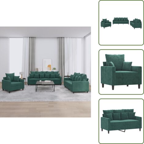 Sofá de 3 plazas - vidaXL Juego de sofás con cojines 3 piezas terciopelo verde oscuro - Sofá de 2 plazas
