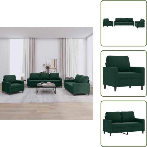 Sofá de 3 plazas - vidaXL Juego de sofás con cojines 3 piezas terciopelo verde oscuro - Sofá de 2 plazas