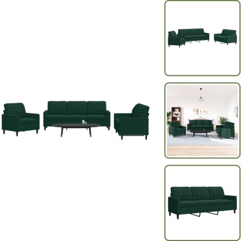 Sofá de 3 plazas - vidaXL Juego de sofás con cojines 3 piezas terciopelo verde oscuro - Sofá de 2 plazas