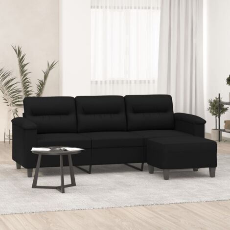 Sofá de 3 plazas y taburete tela microfibra negro 180 cm