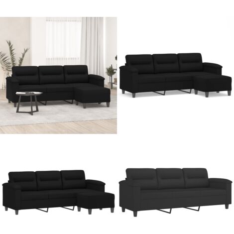 Sofá de 3 plazas y taburete tela microfibra negro 180 cm - Taburete - Microfibra