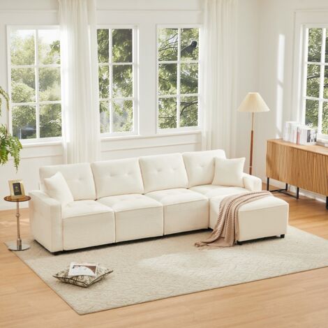 Sofá de 4 plazas en terciopelo acanalado - 280 x 146 x 85 cm - Sofá modular con cofres de almacenamiento y puf - Beige