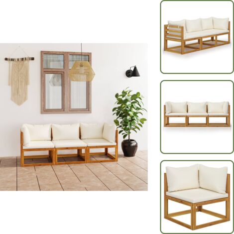 Sofá de acacia - vidaXL Sofá jardín 3 plazas con cojín madera maciza acacia color crema - Sofá de jardín 3 plazas