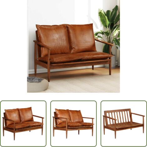 Sofá de cuero -  Sofá de 2 plazas cuero auténtico con madera de acacia marrón