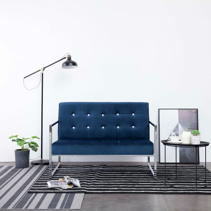 

Sofá de dos plazas con reposabrazos cromados y terciopelo azul