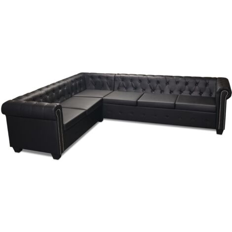 Sofá de esquina Chesterfield 6 plazas cuero artificial negro