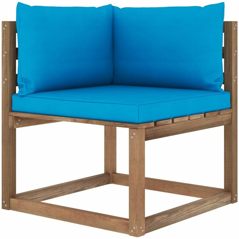 

Sofa de esquina de palets para jardin con cojines azul claro