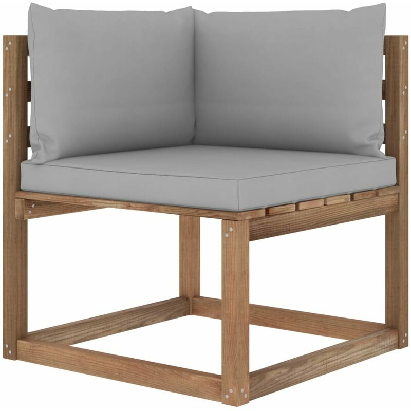 

Sofa de esquina de palets para jardin con cojines grises