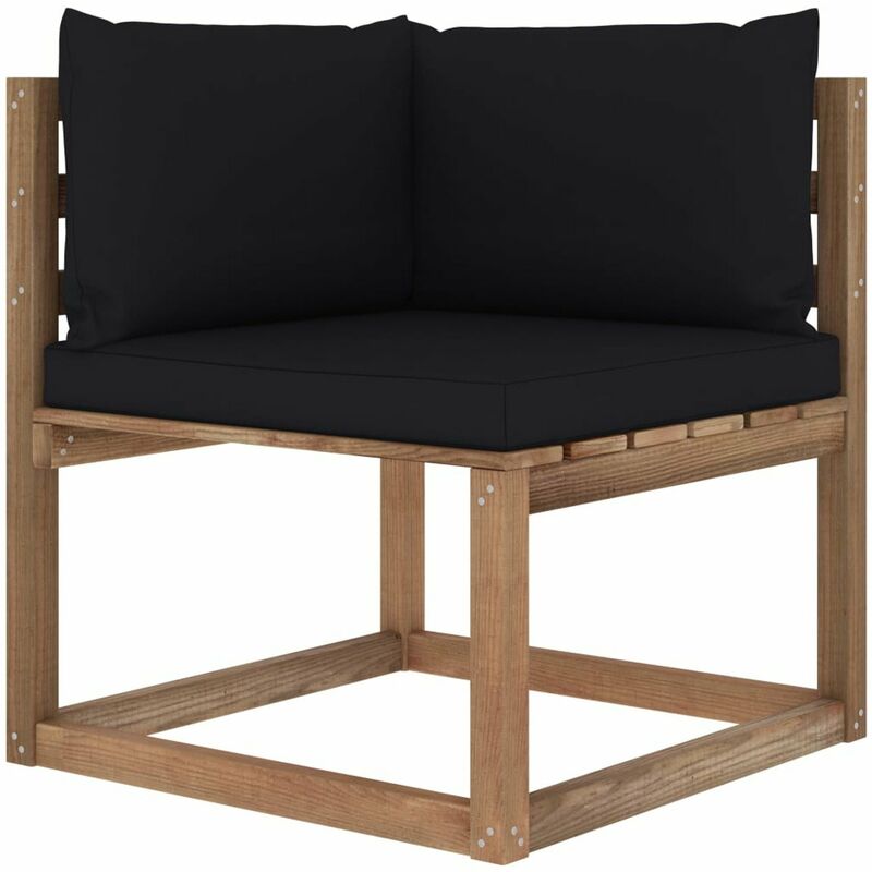 

Sofa de esquina de palets para jardin con cojines negros