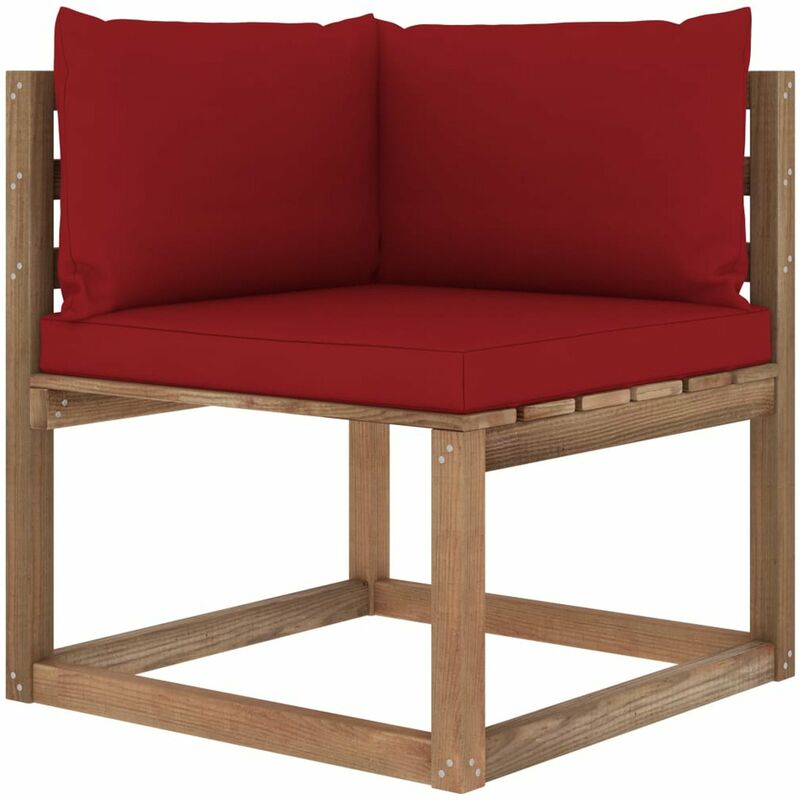 

Sofa de esquina de palets para jardin con cojines rojo tinto