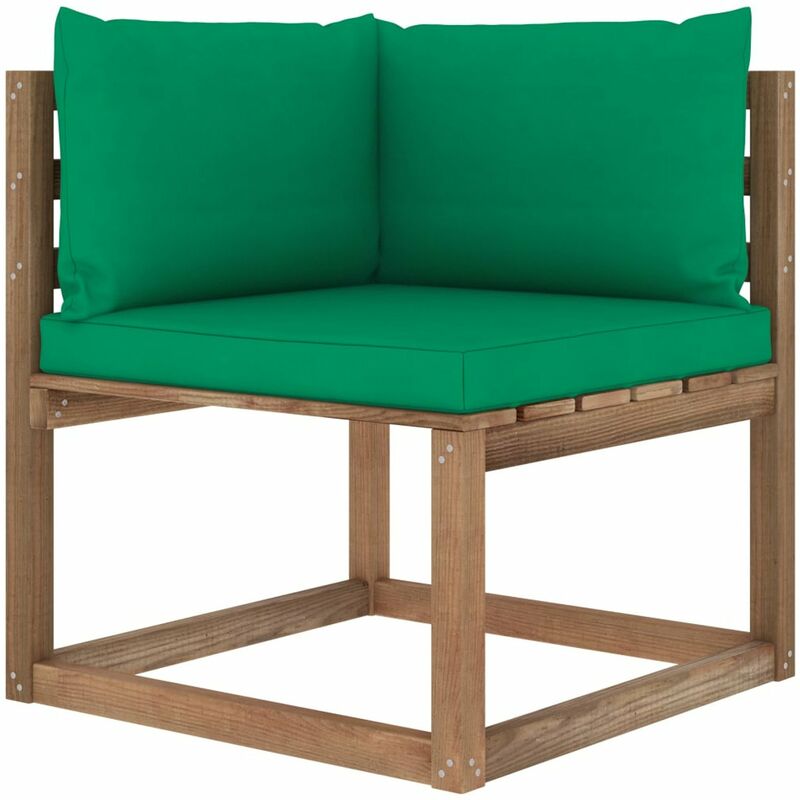 

Sofa de esquina de palets para jardin con cojines verdes