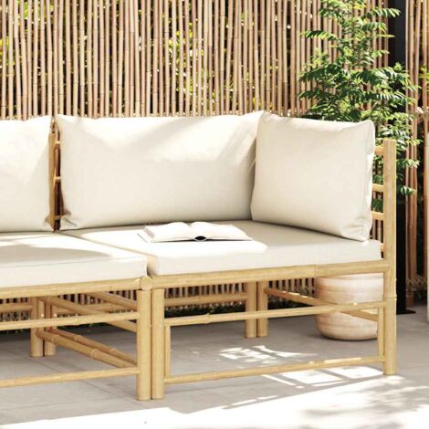 Sofá de esquina para jardín bambú con cojines  crema