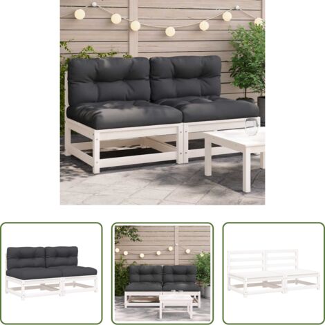 Sofá de exterior -  Sofás jardín sin reposabrazos con cojines 2 uds madera blanco