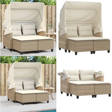 Sofá de jardín 2 plazas con capota y taburetes ratán PE beige - Toldo retráctil - Taburete de jardín
