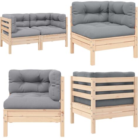 Sofá de jardín 2 plazas con cojines grises madera maciza pino - Sofá exterior - Sofá de madera