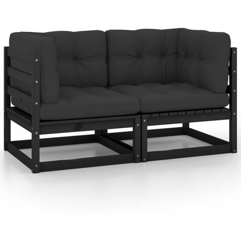 

Sofa de jardin 2 plazas con cojines negro madera maciza de pino