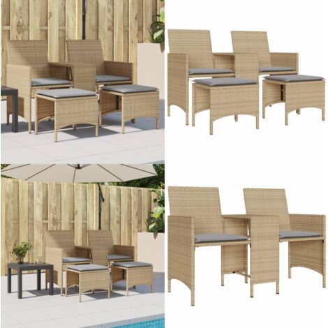 Sofá de jardín 2 plazas con mesa y taburetes ratán PE beige - Mesa de jardín - Taburete