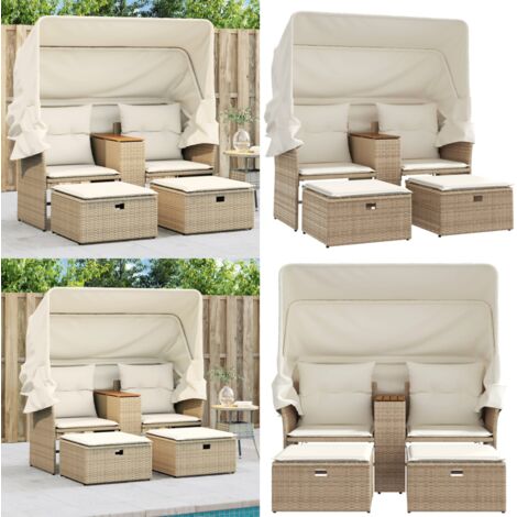 Sofá de jardín 2 plazas con toldo y taburetes ratán PE beige - Toldo retráctil - Muebles de exterior