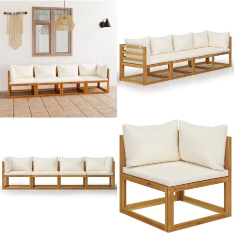 Sofá de jardín 3 plazas cojín madera maciza acacia color crema - Sofá de madera - Sofá de acacia