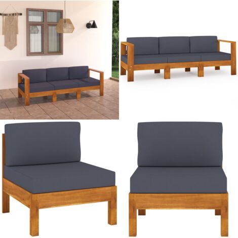 Sofá de jardín 3 plazas con cojín gris oscuro madera de acacia - Sofá de exterior - Sofá de madera