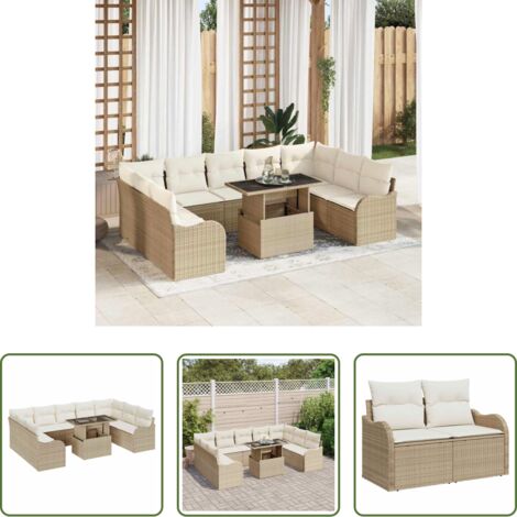 Sofá de jardín beige -  Conjunto de sofá de jardín 10 pcs Beige Rattan de Poliéster