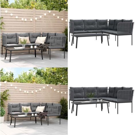 Sofá de jardín con cojines acero y textilene negro - Cojines para sofá - Muebles de exterior