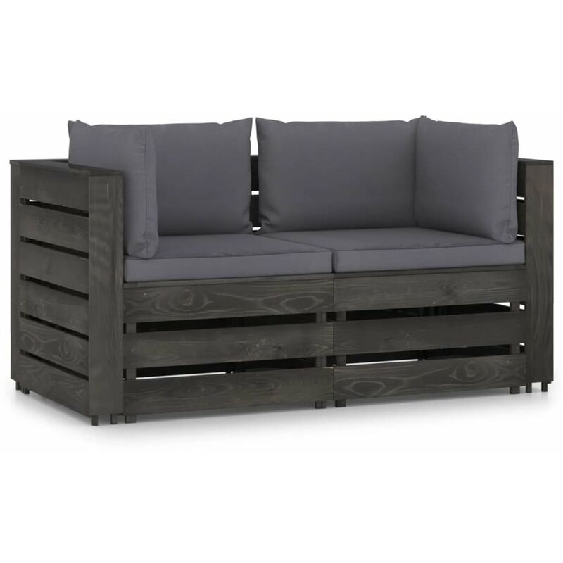 

Happyshopping - Sofa de jardin de 2 plazas con cojines madera impregnada gris