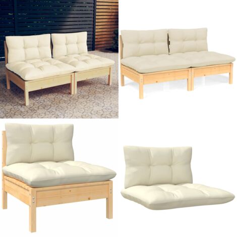 Sofá de jardín de 2 plazas con cojines madera maciza pino crema - Sofá exterior - Sofá de madera