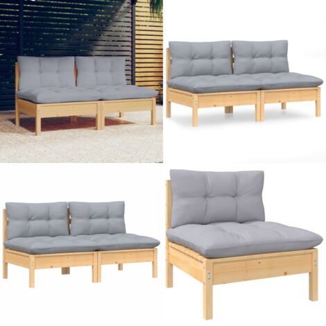 Sofá de jardín de 2 plazas con cojines madera maciza pino gris - Sofá exterior - Sofá de madera