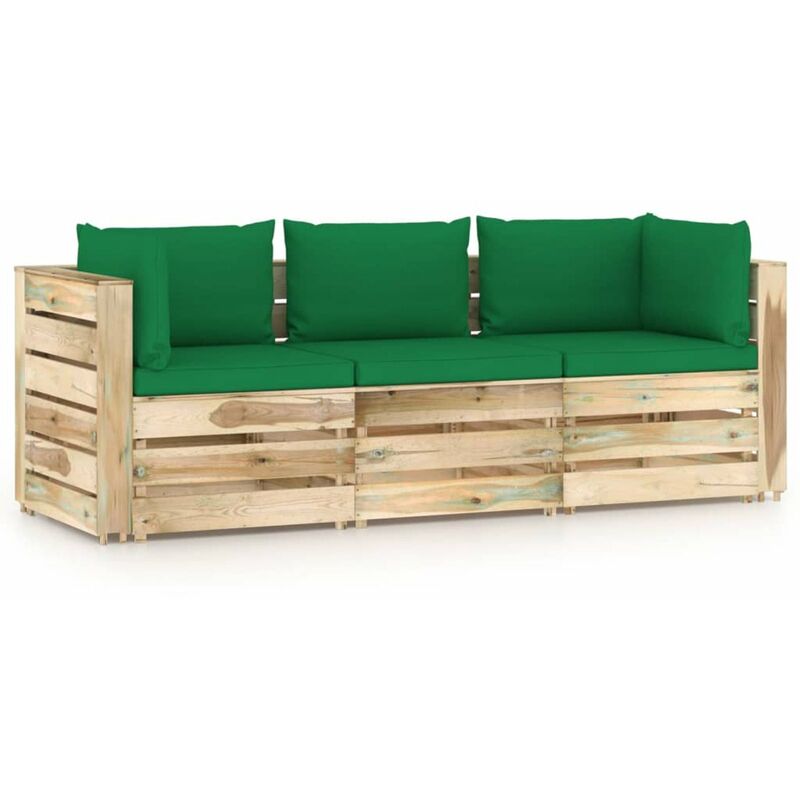 

Happyshopping - Sofa de jardin de 3 plazas con cojines madera impregnada verde