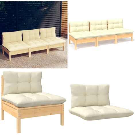 Sofá de jardín de 3 plazas con cojines madera maciza pino crema - Sofá exterior - Sofá de madera