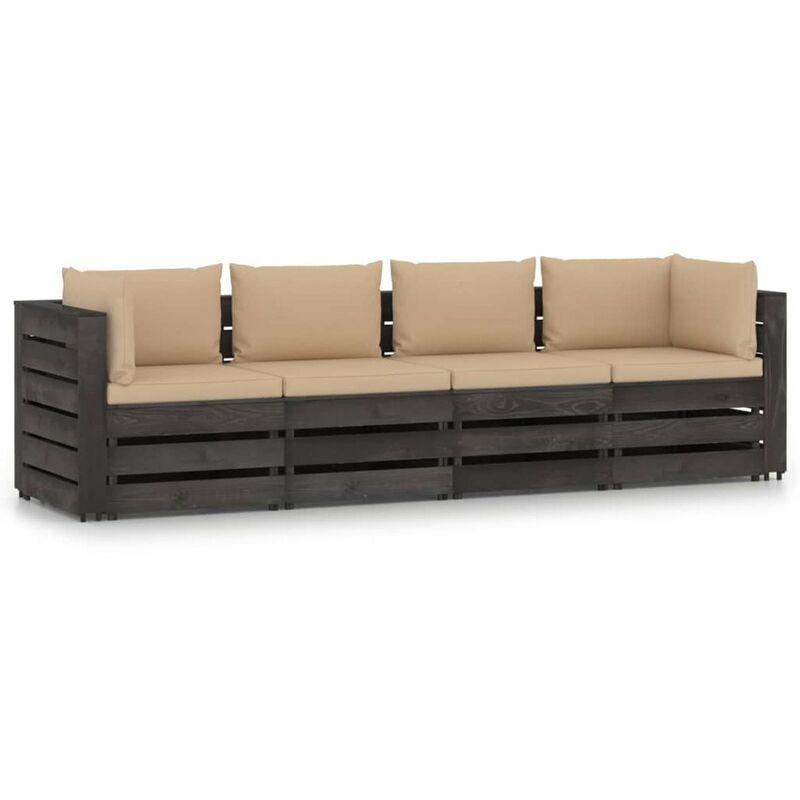 

Happyshopping - Sofa de jardin de 4 plazas con cojines madera impregnada gris