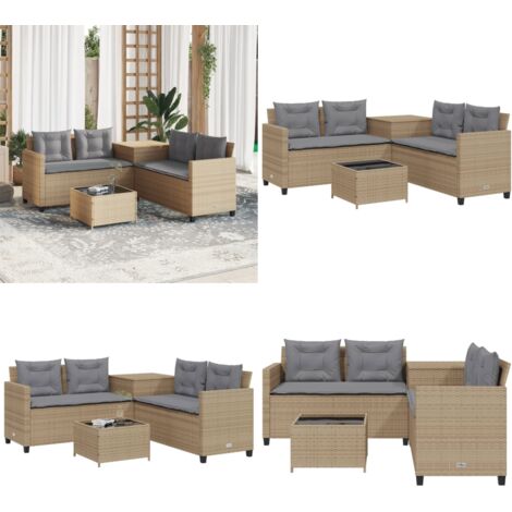Sofá de jardín en forma de L con mesa y cojines ratán PE beige - Mesa de jardín - Cojines para sofá