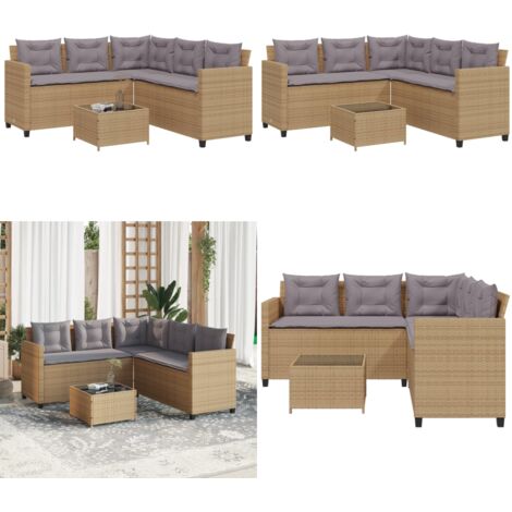 Sofá de jardín en forma de L con mesa y cojines ratán PE beige - Mesa de jardín - Cojines para sofá