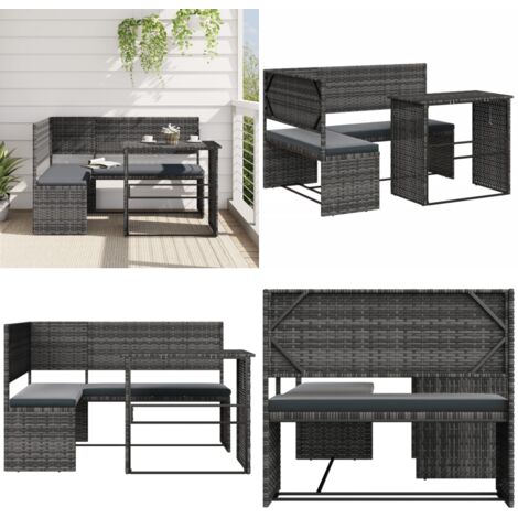 Sofá de jardín en forma de L con mesa y cojines ratán PE gris - Mesa plegable - Ratán sintético