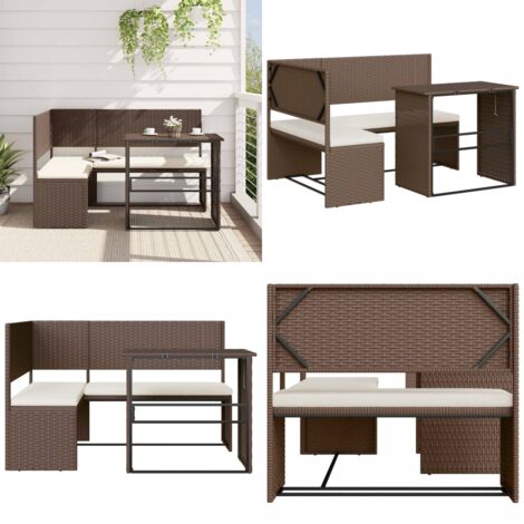 Sofá de jardín en forma de L con mesa y cojines ratán PE marrón - Mesa plegable - Ratán sintético