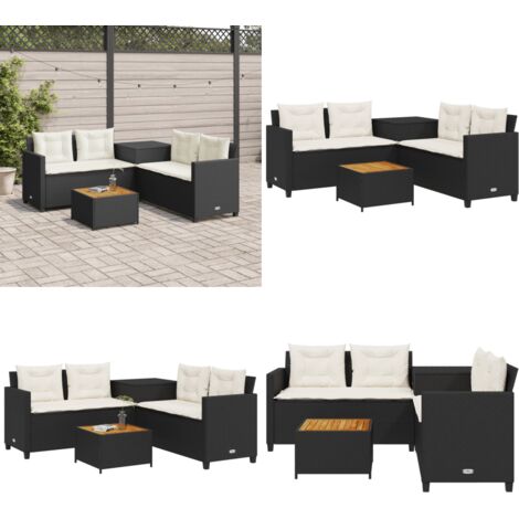Sofá de jardín en forma de L con mesa y cojines ratán PE negro - Mesa de jardín - Cojines para sofá