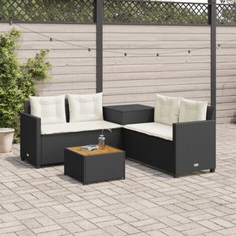 Sofá de jardín en forma de L con mesa y cojines ratán PE negro vidaXL